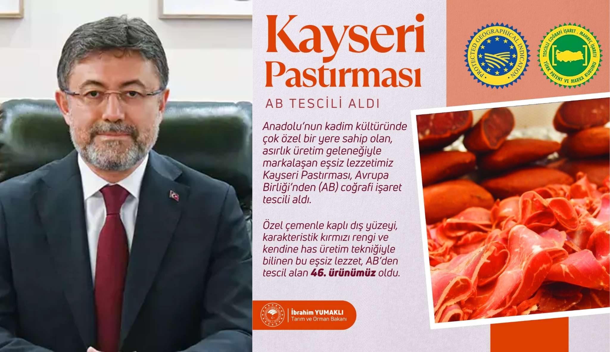 Bakan Yumaklı Kayseri Pastırması AB Tescilini Duyurdu