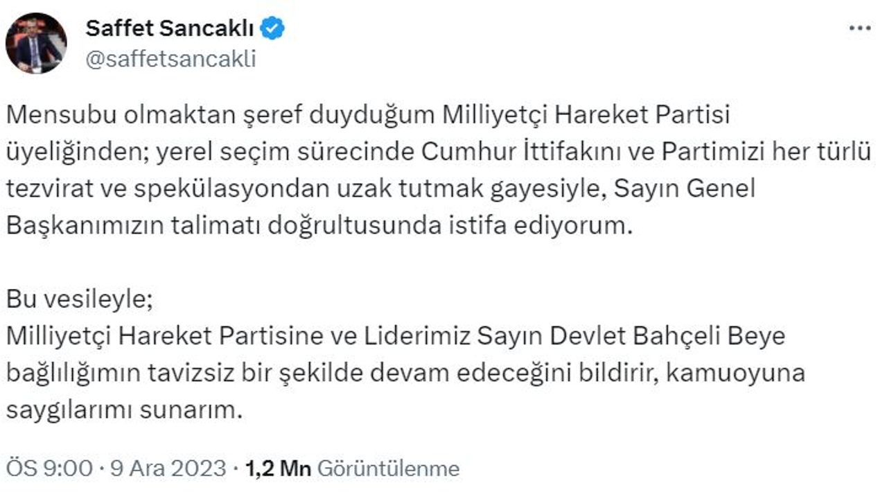 MHP Kocaeli Milletvekili Saffet Sancaklı partisinden istifa etti 
