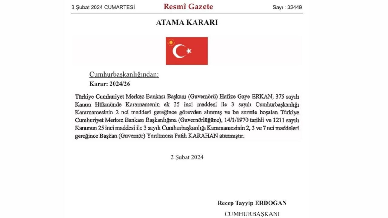 Merkez Bankası Başkanlığı'na Fatih Karahan atandı 