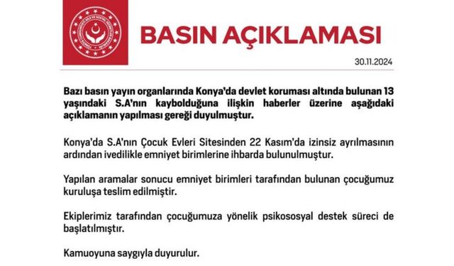 Aile ve Sosyal Hizmetler Bakanlığı’ndan kaybolan çocuk hakkında açıklama 