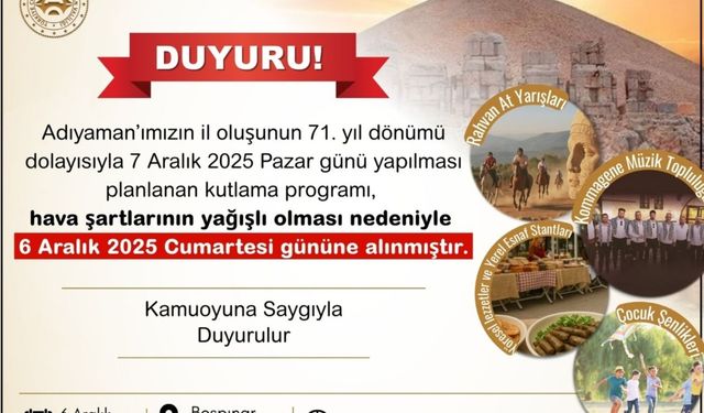 Adıyaman'ın il oluş yıldönümü etkinliği 6 Aralık'a alındı