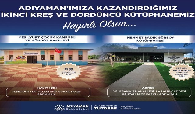 Adıyaman Belediye'sinden İkinci Kreş ve Dördüncü Kütüphane