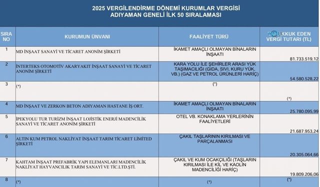 Adıyaman'ın vergi rekortmenleri belli oldu