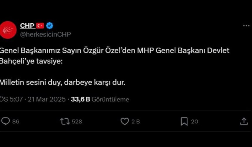 Özgür Özel’den Devlet Bahçeli’ye: 'Milletin sesini duy, darbeye karşı dur' 