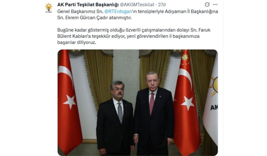 AK Parti Genel Merkez Teşkilat Başkanlığı, Ekrem Çadır atamasını resmen duyurdu