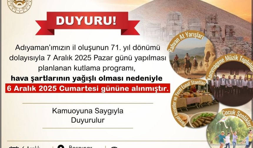 Adıyaman'ın il oluş yıldönümü etkinliği 6 Aralık'a alındı
