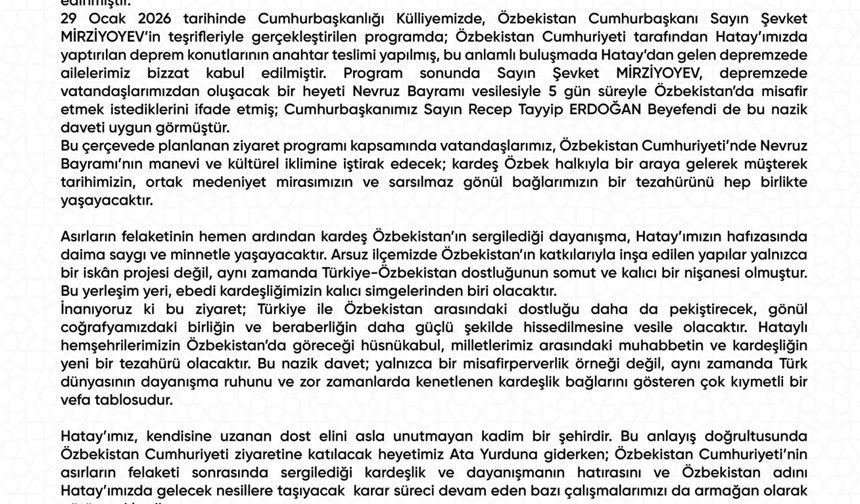 Hatay’dan Özbekistan’a Kardeşlik Köprüsü