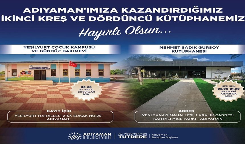 Adıyaman Belediye'sinden İkinci Kreş ve Dördüncü Kütüphane