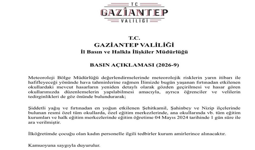 Gaziantep’te Fırtına Hayatı Etkiledi: 3 İlçede Okullar Tatil