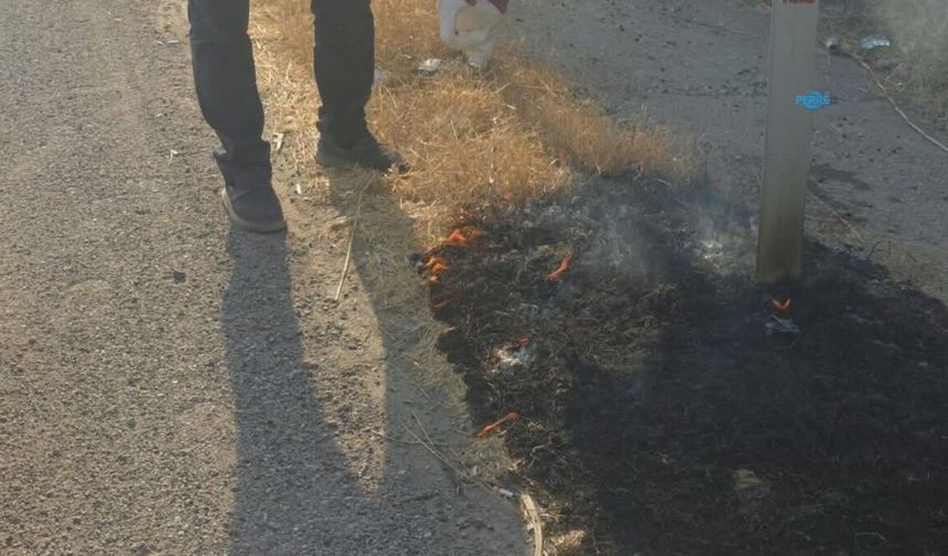 Yola sürten inşaat demirleri anızı tutuşturdu: Duyarlı sürücü söndürdü